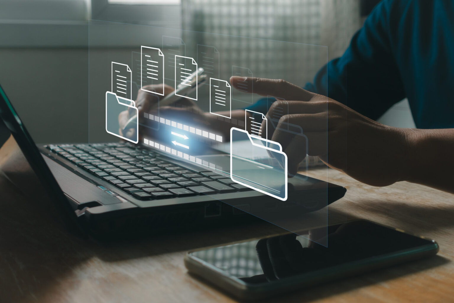 Digital system for transferring documents and files online. File Transfer Protocol (FTP) files receiver and computer backup copy. File sharing isometric. Full access to remote files and folders.