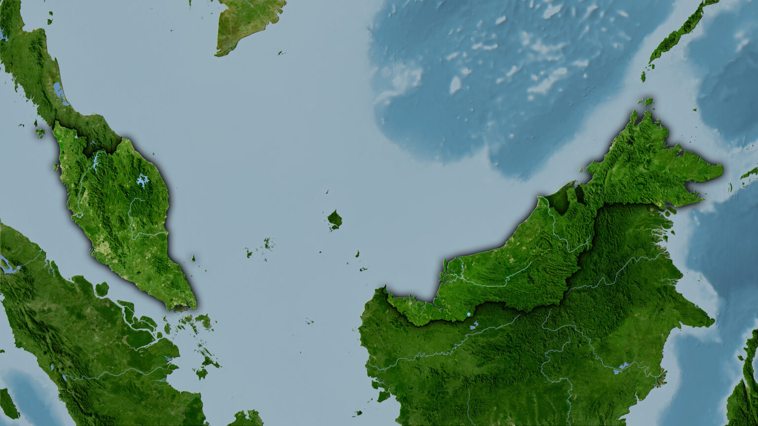Malaysia area on the satellite B map in the stereographic projection - raw composition of raster layers with dark glowing outline