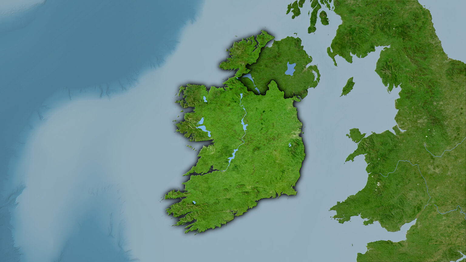 Ireland area on the satellite B map in the stereographic projection - raw composition of raster layers with dark glowing outline