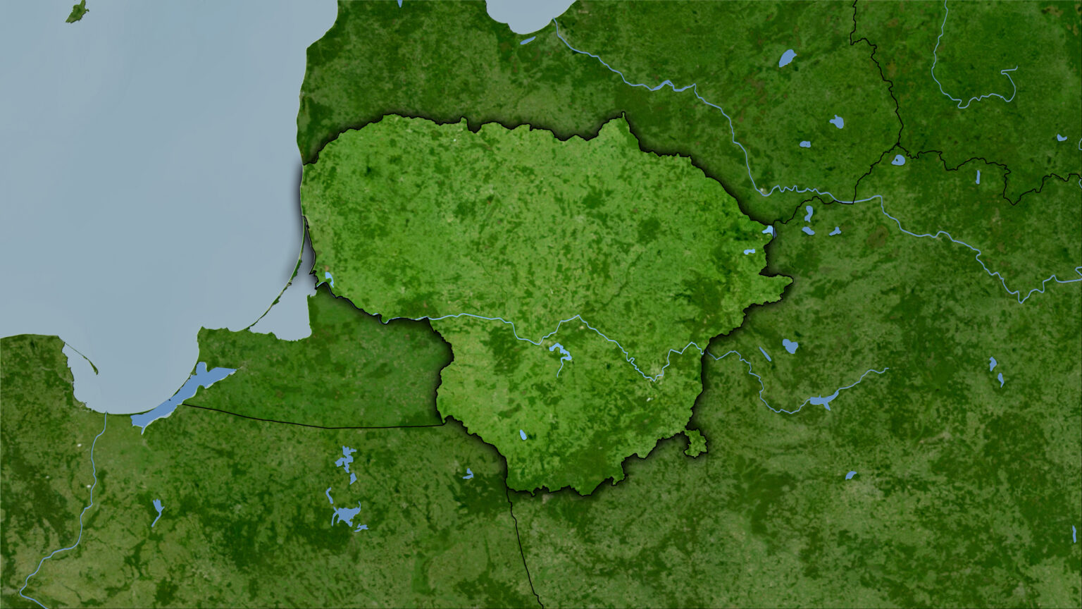 Lithuania area on the satellite B map in the stereographic projection - raw composition of raster layers with dark glowing outline