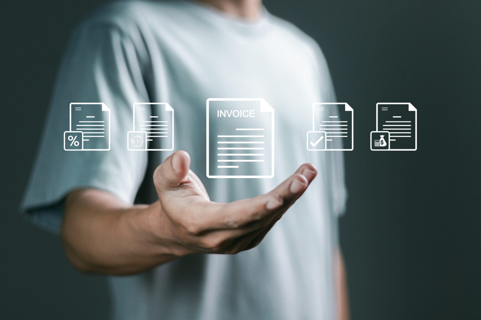 E-invoice and online digital statements concept, Person with invoice document on virtual screen.