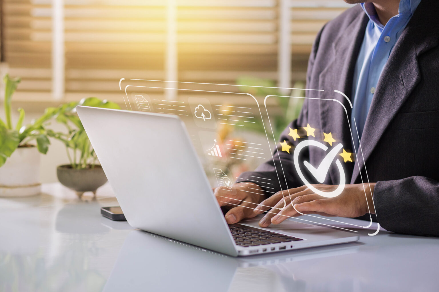 Businessman working on labtop with check mark symbol, golden five stars and standard quality control. The concept of international ISO service, standards and quality assurance is certified.