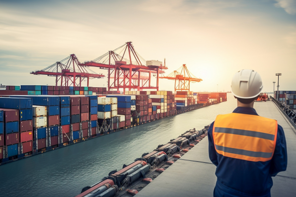 Dock worker standing by shipping containers